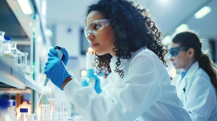 ðŸ‘©â€ðŸ”¬ðŸ§ªðŸ§¬ A young female scientist wearing a lab coat and safety goggles uses a pipette to transfer a liquid into a test tube.