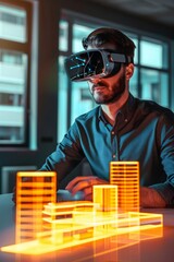 modern architect explores holographic model of building project using VR glasses in high-tech office setting, blending lines between reality and digital innovation. Architect wearing Vr glasses