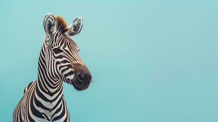 Striking close-up portrait of a zebra against a blue background. The zebra's stripes are black and white, and its mane is brown.
