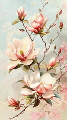 Classic illustration of blooming magnolias with a soft pastel background