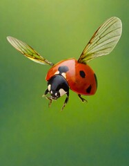 flying ladybug on green background