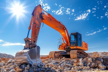 A vivid image of an orange excavator poised on a rocky landscape under a bright blue sky with glaring sun