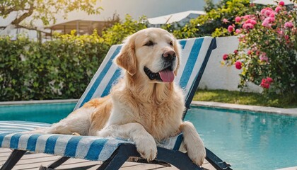 a happy dog (golden retriever or labrador) rests on a sun lounger by the outdoor pool on a sunny...