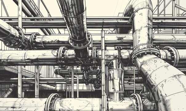Illustrate an industrial scene featuring steel pipes interconnected from a side perspective, showcasing intricate details and shadows using pen and ink technique for a dramatic effect