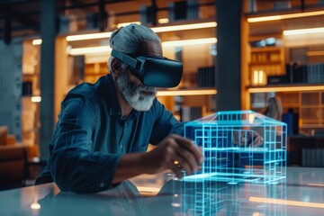 A focused architect wears VR glasses to visualize and interact with a luminous holographic building model, showcasing futuristic design and planning technology