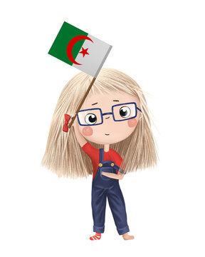recommend clip art: Funny cute girl with flag of Algeria. Bright clip art isolated