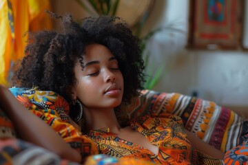 A woman with afro hair and closed eyes relaxes deeply in a chair, surrounded by colorful patterned fabrics