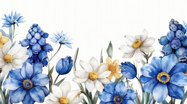 A painting of blue and white flowers on a white background, Spring flowers
