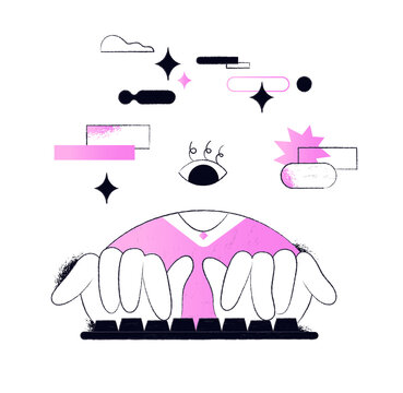 One-eyed character typing, chatting online with flying speech bubbles