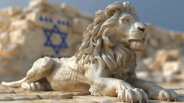 Israel flag with lion sculpture,  Zionism theme concept, Generative Ai