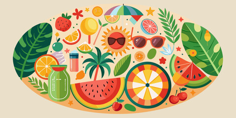 Vibrant Summer Vibes: Fruits, Sunglasses, Beach, and Refreshments Illustration