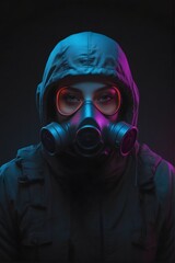 A girl with a gas mask. Cyberpunk Teenager Wearing Gas Mask in Abandoned City.