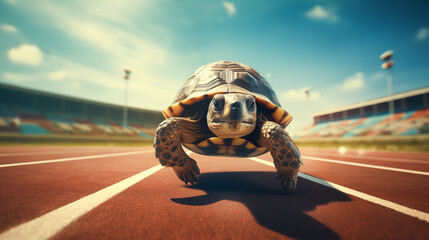 A Turtle walking on running track, Turtle walking slow on the starting grid of a running track - obrazy, fototapety, plakaty