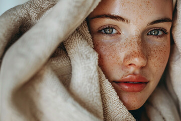 Closeup portrait of a girl in a beige towel with perfect complexion and freckles looking at the camera