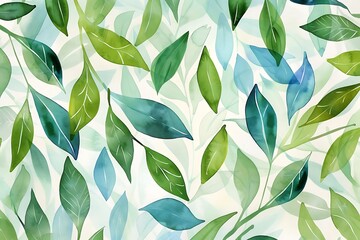 : Delicate watercolor brushstrokes in shades of green and blue create a natural, leafy pattern.