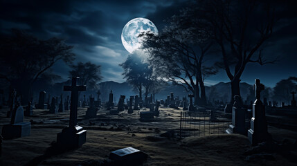 Spooky cemetery with graves at night with a full moon, Tombstone, dark, night - obrazy, fototapety, plakaty