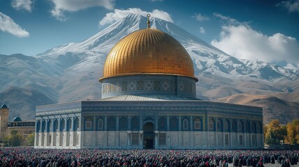 Obraz premium Al-Aqsa mosque with many people at in front of the dome, Generative Ai not real place