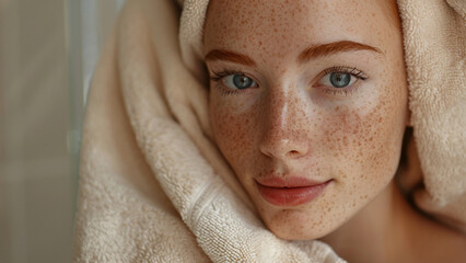 Close-up portrait of a woman in a beige towel with perfect complexion and freckles looking at the camera