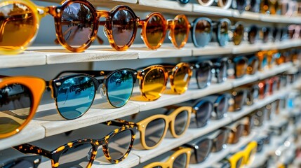 Diverse Eyewear Collection on Display - A Spectrum of Styles and Shades. Concept Eyewear Fashion, Trendy Frames, Sunglasses Showcase, Stylish Designs, Eyeglass Variety