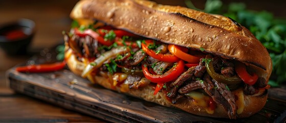 Savory Philly Cheesesteak Delight with Melted Cheese & Peppers. Concept Cheesesteak Recipes, Comfort Food, Savory Sandwiches, Cheese Lovers, Cooking Inspiration - obrazy, fototapety, plakaty