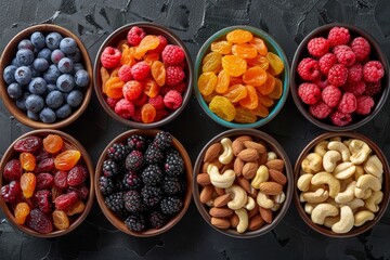 An overhead shot of multiple wood bowls filled with an assorted selection of colorful fruits and nuts