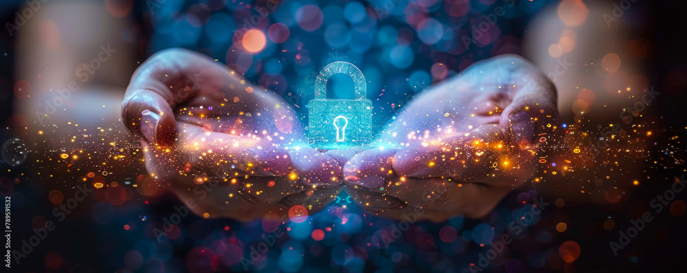 Poster cybersecurity concept: digital padlock over network representing login identity verification, data p