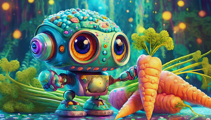 oil painting style CARTOON CHARACTER big electronic brain robot hold a carrot, 