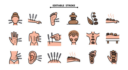 Acupuncture. Stone therapy color icons set. Lithotherapy sign symbol collection. Editable stroke. Reflexology. Massage. Alternative medicine simple icons set.