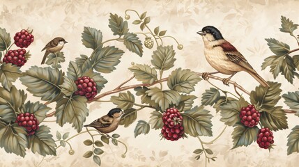 Classic wallpaper design with a dense thicket of blackberries and small songbirds - obrazy, fototapety, plakaty