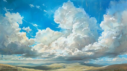 A beautiful landscape painting of a vast field under a cloudy sky. The clouds are depicted in great detail, with a variety of shapes and sizes.
