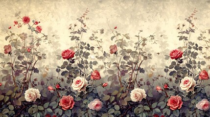 Classic wallpaper design with a thicket of brambles and wild roses