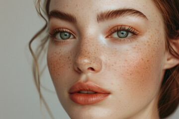 closeup of a beautiful woman with blue eyes and freckles looking at the camera