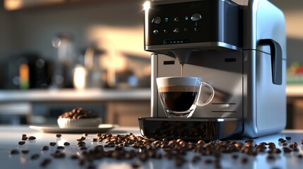 The aroma of fresh coffee fills the air as the machine brews a perfect cup.