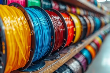 A vibrant array of colorful 3D printer filaments neatly organized on spools on shelves, representing innovation in modern printing technology