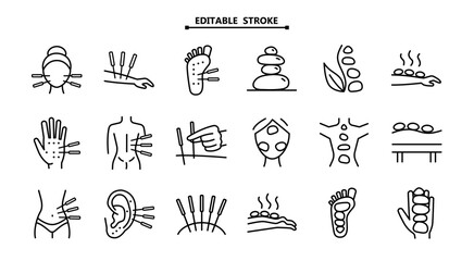 Acupuncture. Stone therapy icons set. Lithotherapy sign symbol collection. Editable stroke. Reflexology. Massage. Alternative medicine outline icons set.
