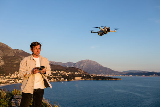 Quadcopter starts flying above Adriatic sea