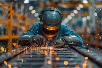 Skilled welder in protective gear welding metal with sparks flying in industrial factory setting Represents skilled trade and manual labor