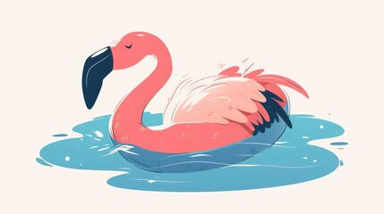 Fototapeta premium A lively pink rubber Flamingo inflatable swimming accessory featuring a black beak and pink wings and tail floats on a blue wave in a flat design This 2d illustration includes bubble