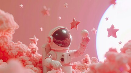 A pink space suit astronaut is reaching for a star
