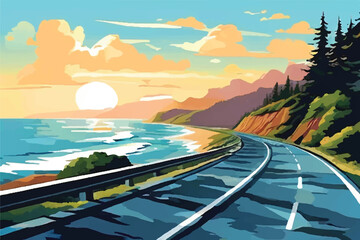 A scenic coastal highway, with winding roads, breathtaking ocean views, and a clear blue sky. Vector Illustration. Road passing by a Sea.