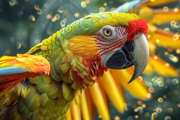 Fototapeta premium Stunning image of a multicolored macaw parrot against a background of vibrant tropical foliage