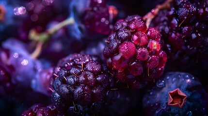 Close-up of a bunch of ripe blackberries with water drops on a dark background. The blackberries are glistening in the light and look delicious. - Powered by Adobe