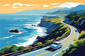 Summer road trip adventure, car driving along a scenic coastal highway, with winding roads, breathtaking ocean views, and a clear blue sky. Vector Illustration. Sea.                       - obrazy, fototapety, plakaty