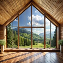 Interior of a wooden room with a large window overlooking the mountains. AI generated