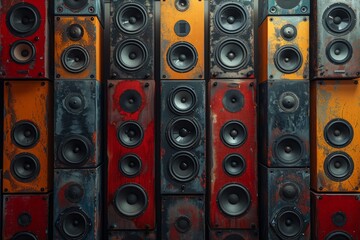 A full frame image showing a wall of vintage colorful speaker boxes creating an impactful visual and auditory symbol