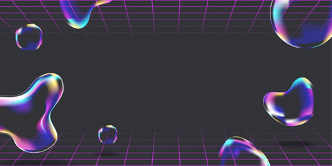 Abstract futuristic background in retro y2k style with bubbles and grid. Banner with copy space. Vector stock illustration.