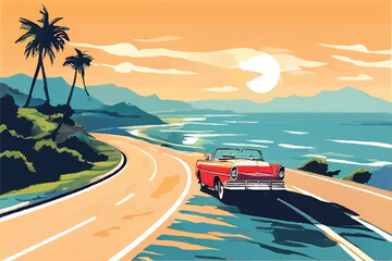 Fototapeta na wymiar Summer road trip adventure, car driving along a scenic coastal highway, with winding roads, breathtaking ocean views, and a clear blue sky. Vector Illustration. Sea. 