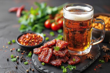 A mouthwatering setup of seasoned beef jerky beside a full glass of beer, highlighting vibrant food styling