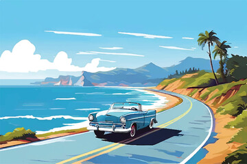 Summer road trip adventure, car driving along a scenic coastal highway, with winding roads, breathtaking ocean views, and a clear blue sky. Vector Illustration. Sea.                      