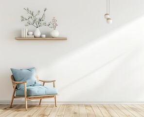 3d rendering of empty living room interior mockup with light blue armchair and wooden shelf on white wall background